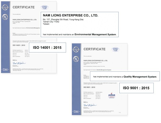 Nam Liong は ISO 9001 品質マネジメント システムおよび ISO 14001 環境マネジメント システムの認証を取得しています。