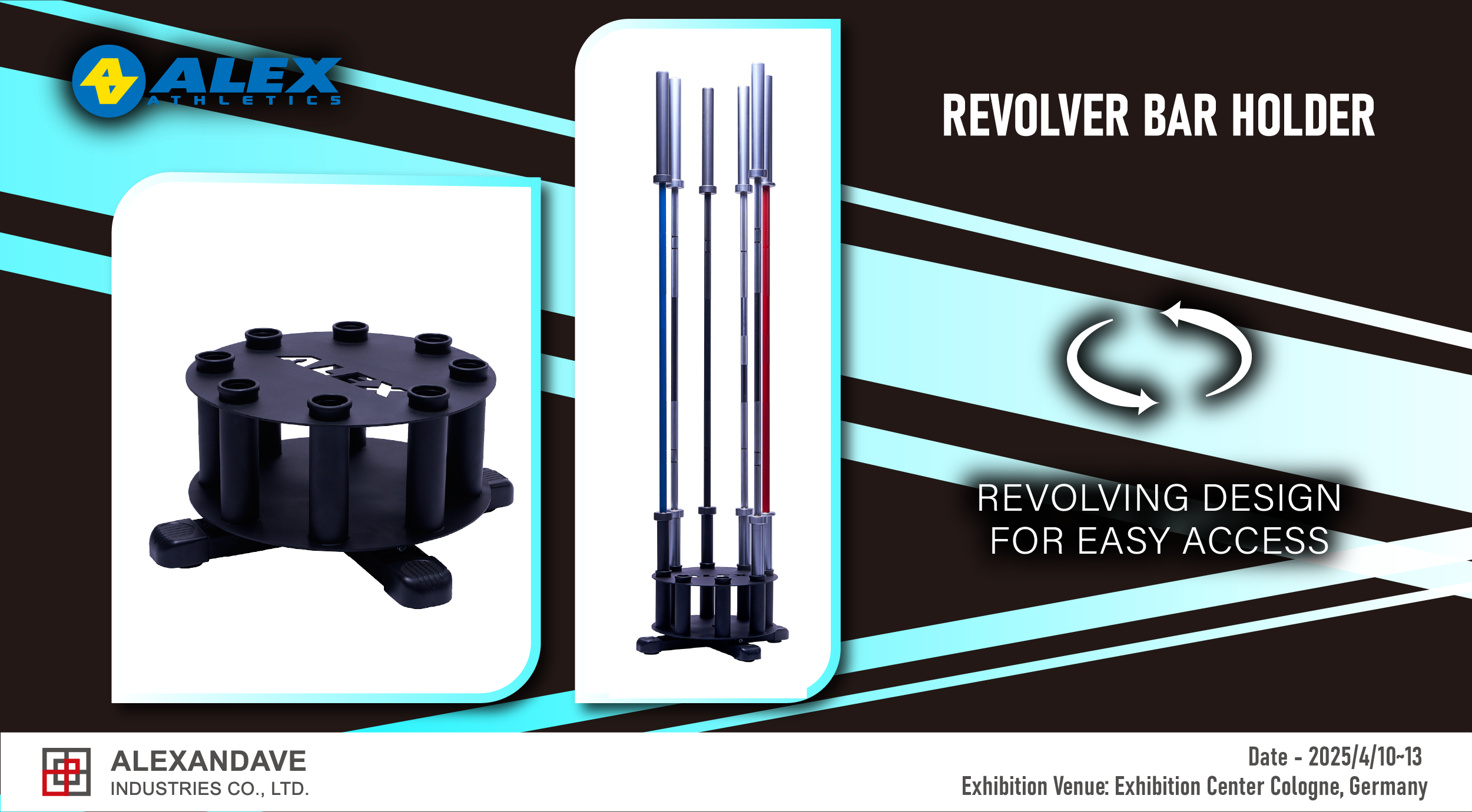 리볼버 바 홀더는 8개의 슬롯이 있는 회전식 수직 보관 랙으로, 최대 8개의 올림픽 표준 바벨을 동시에 보관할 수 있도록 설계되었습니다.