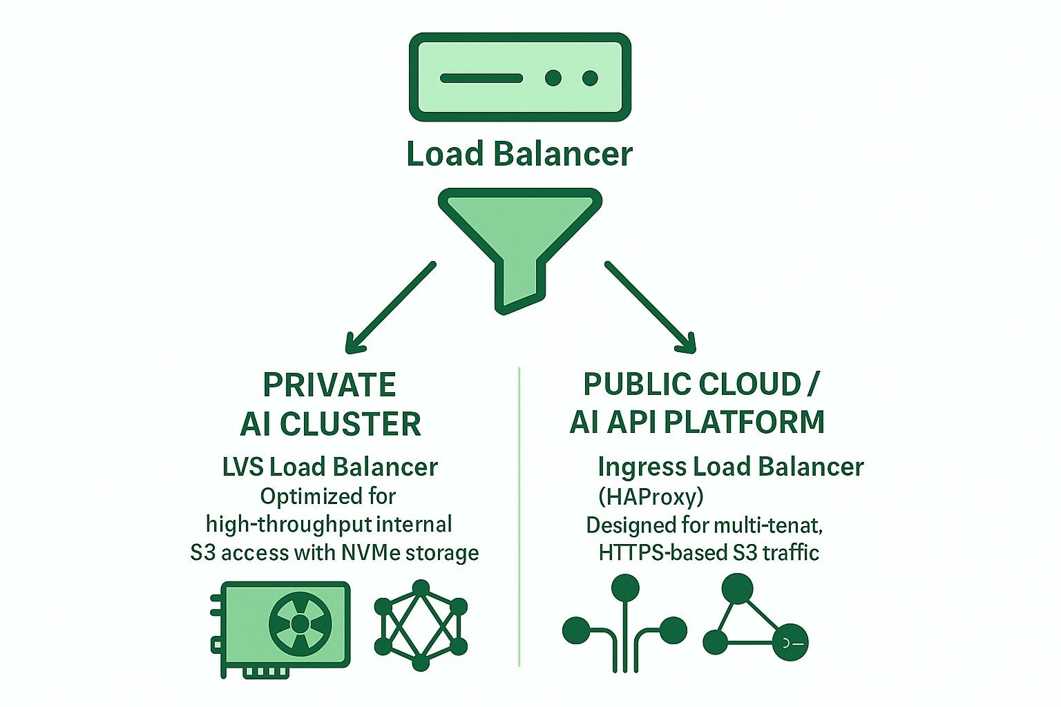 Ingress basé et LVS TUN sont deux options de répartiteur de charge open-source pour Ceph RGW. Ingress est idéal pour les environnements de cloud public ou multi-locataires, LVS TUN convient aux clusters privés d'IA ou de HPC où un haut débit et une faible latence sont critiques.