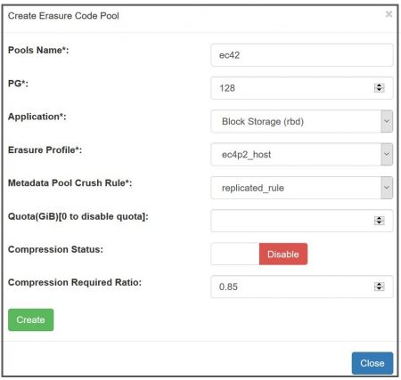 Créez un pool à codage d'effacement Ceph avec le gestionnaire UVS, pour définir le profil d'effacement, le nombre de PG, l'application pour le bloc, la règle de crush, la citation et l'activation ou non de la compression.