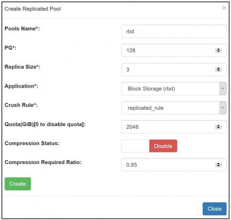 Créez un pool répliqué Ceph avec le gestionnaire UVS, pour définir la taille de la réplication, le nombre de PG, l'application pour le bloc, la règle de crush appliquée, la citation et l'activation ou non de la compression.