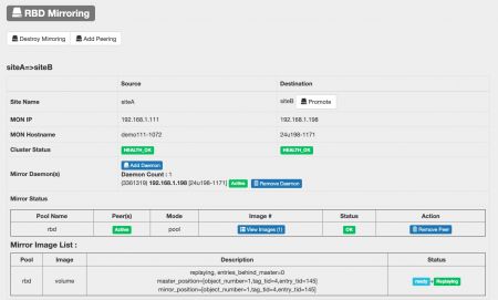 La réplication RBD reproduit les images désignées ou toutes les images dans les pools du cluster Ceph local vers un autre cluster Ceph situé sur un autre site. Si le site principal est en panne, vous pouvez reprendre votre service en promouvant le cluster sans site principal. Utilisez la fonction de mise en miroir RBD dans le gestionnaire UVS, qui vous permet de définir 2 clusters Ceph pour exécuter la mise en miroir RBD et définir le cluster Ceph primaire et secondaire, afin d'avoir une mise en miroir de pool à pool, d'image à image.