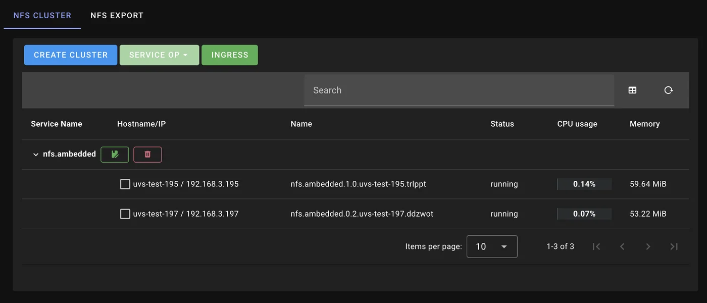 UniVirStor Manager NFS cluster page
