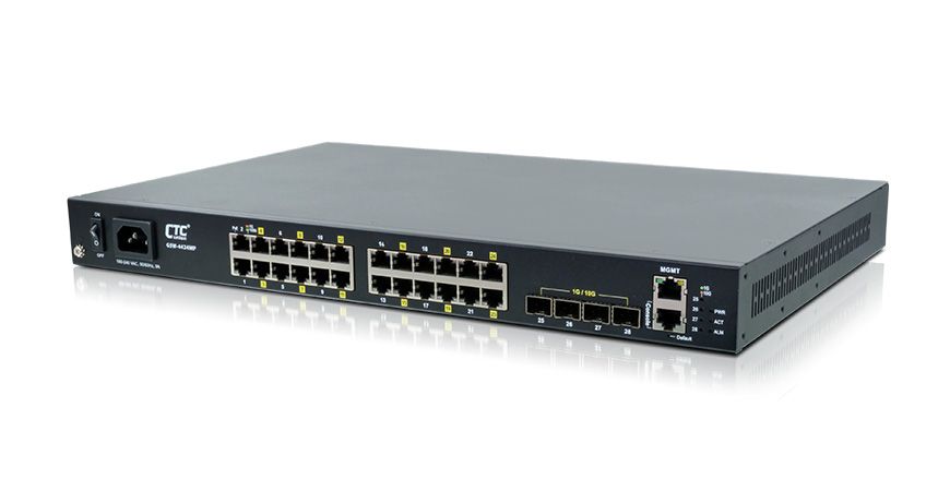 24x GbE/RJ45 and 4x 1G/10G SFP+ with 24x PoE+ L2+ Managed Ethernet Switch, Network Switch & Media Converter Manufacturer
