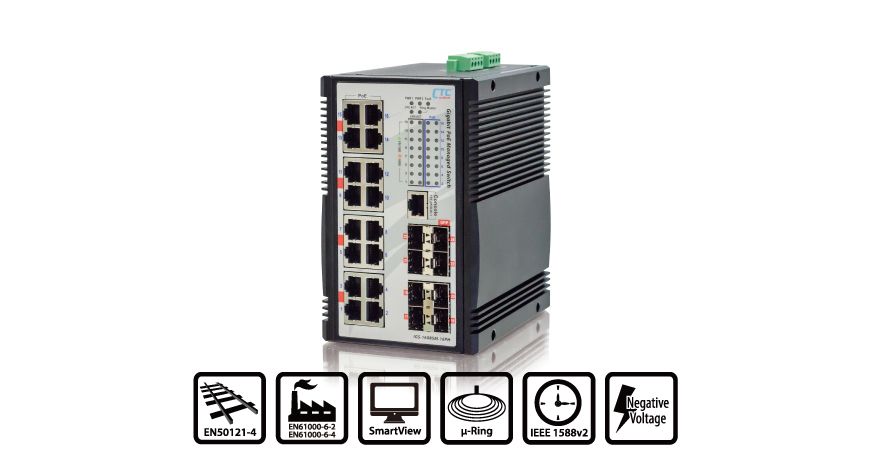 photo for press- CTC*s Industrial Gigabit PoE Switch with 16-port IEEE 802.3af / 802.3at PoE+