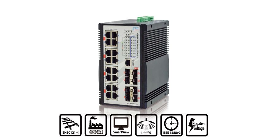 Foto für die Presse - CTCs industrieller Gigabit PoE-Switch mit 16-Port IEEE 802.3af / 802.3at PoE+