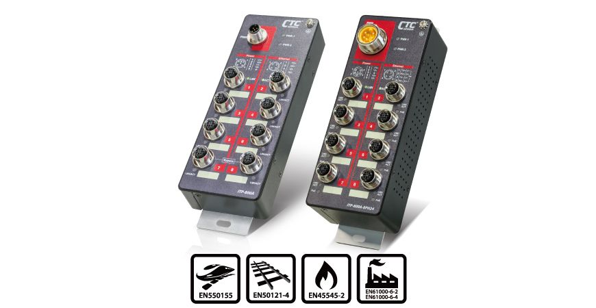 Foto für die Presse - CTCs M12 EN50155 PoE+ Ethernet Switch