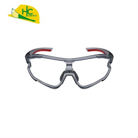 This is a pair of modern safety glasses with clear lenses and red temple anti-slip pads, providing comprehensive eye protection.