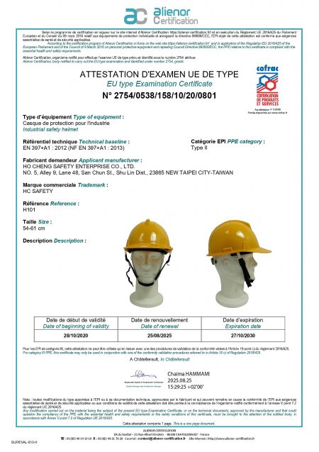 Alienor EU certificate confirms HC1 meets EN 397.