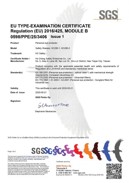 EU certified safety glasses by Ho Cheng.
