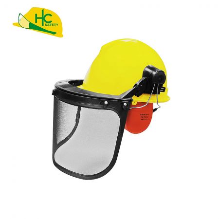 Flip-up Wire-mesh Visor Safety Helmet with Earmuffs - Flip-up iron mesh face shield with earmuffs and helmet