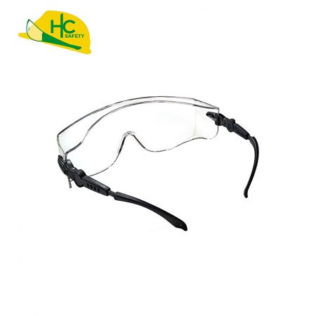Adjustable temple length safety glasses with lanyard.