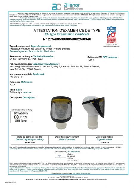 Ho Cheng Safety mesh visors are EU certified.