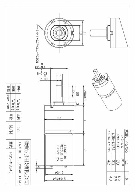 Geborstelde motor met reductie tandwielkast Dia. 37mm