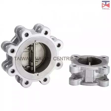 Van kiểm tra kép loại Lug bằng thép không gỉ 316 với không có giữ - Thiết kế Lug. Van kiểm tra không có giữ được kẹp giữa các mặt bích với bulong xung quanh bên ngoài van. Không có giữ thân vít (nắp).