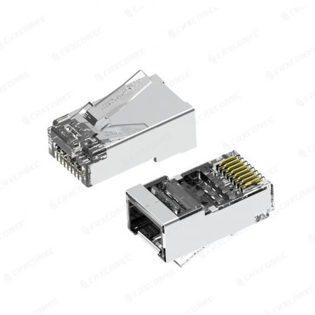Cat.6A STP Easy Pass Through RJ45 Connector Wire Hole 4 Up / 4 Down For 10 gigbit network