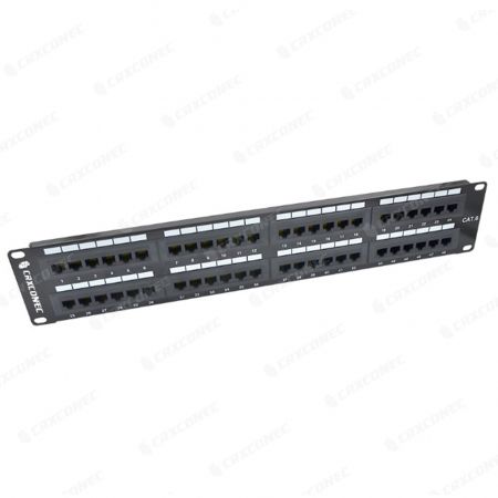 Panel de conexión de parche de 48 puertos CAT.6 UTP 2U con barra de soporte, 180 grados