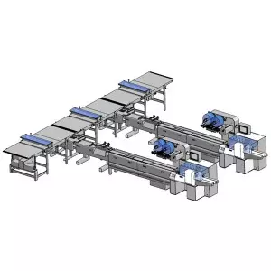 Linea di imballaggio - Alimentazione automatica con nastri intelligenti e stazione di distribuzione intelligente - Linea di Flow Wrapping con nastri intelligenti per alimentazione automatica e stazione di distribuzione intelligente