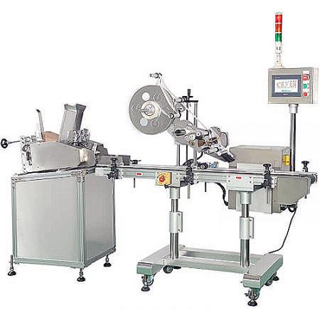 Top Labeling Machine - Front view of the CY-1000 Automatic Top Labeling Machine, highlighting its stainless steel construction and PLC control panel.