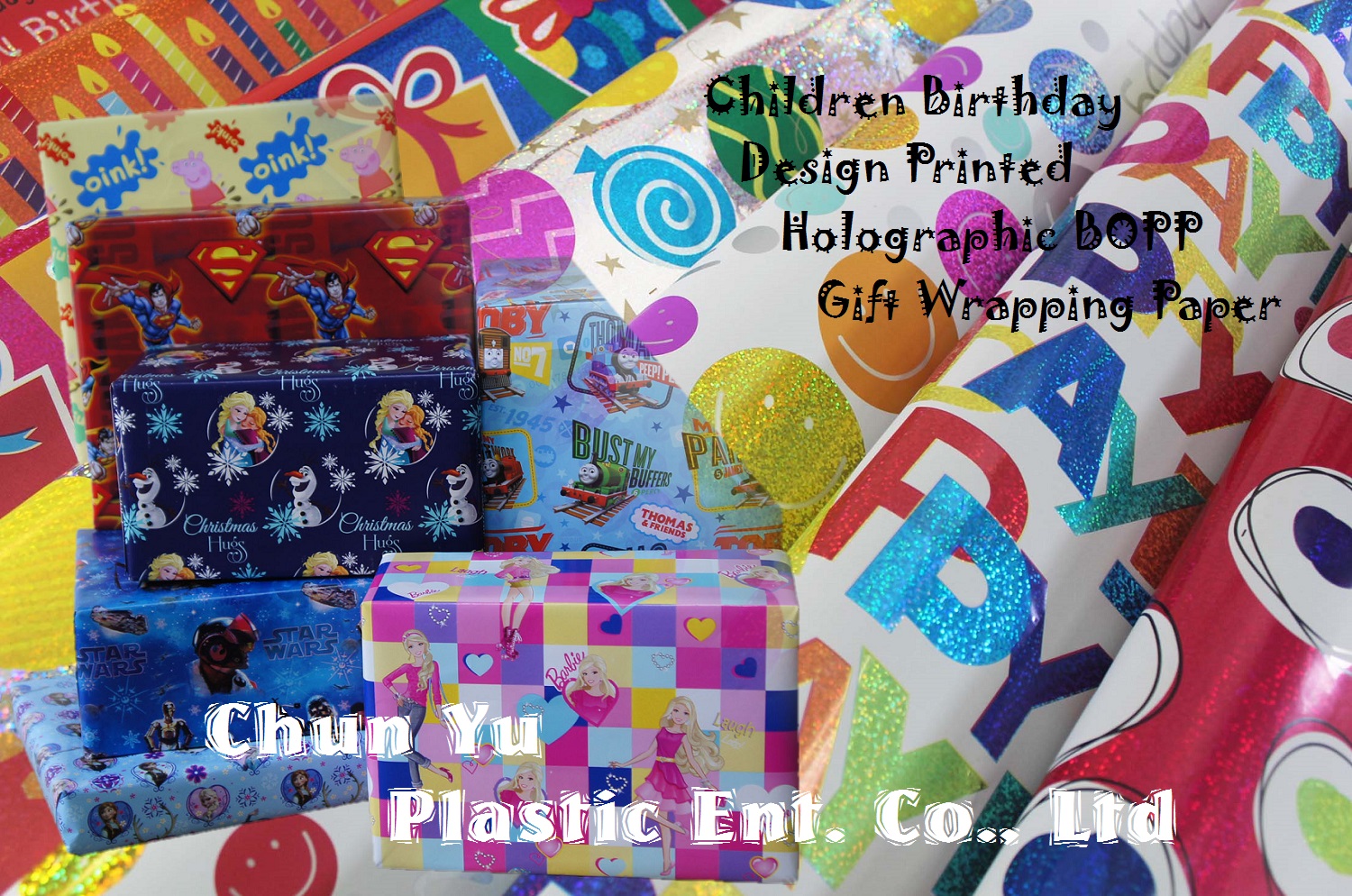 Holographic BOPP gift wrapping paper printed with fun and cute designs for children and birthday parties.
