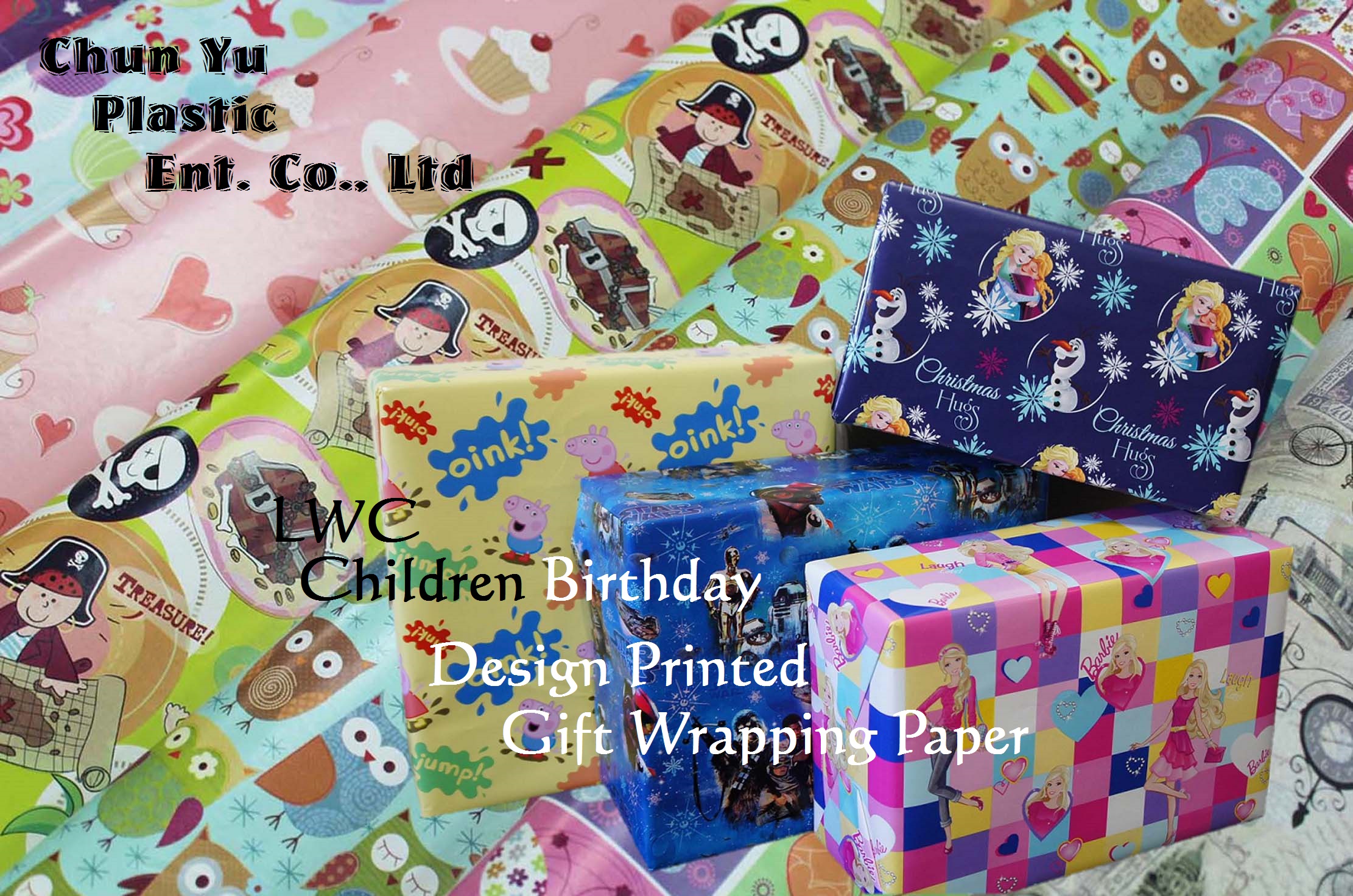 LWC gift wrapping paper printed with girls and boys designs for children birthday celebrations