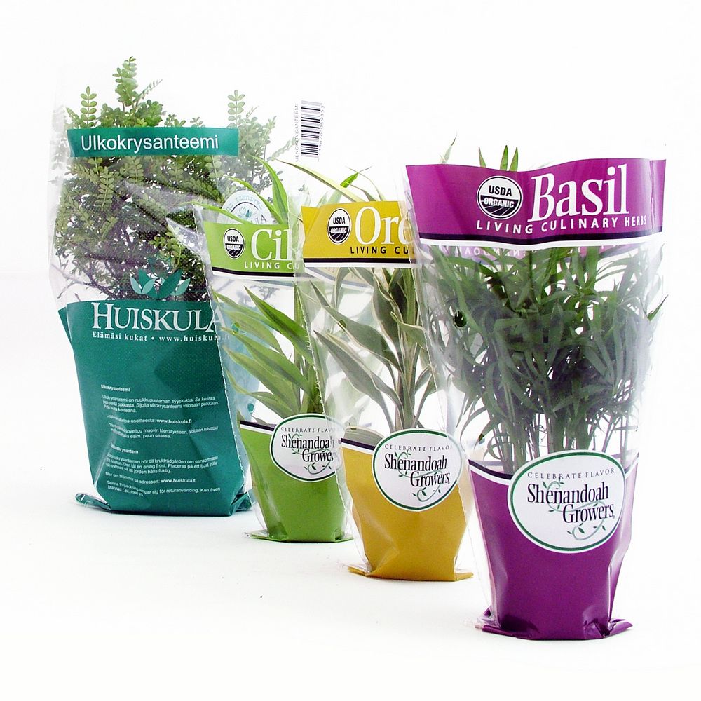Custom designs printed cpp flower sleeves used to pack potted living plants. Flower sleeves are available in diverse custom designs, logos, colors and shapes.