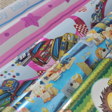 CHILDREN BIRTHDAY METALLIC BOPP GIFT WRAPPING PAPER - Metallic BOPP gift wrapping paper printed with children designs for birthday parties.