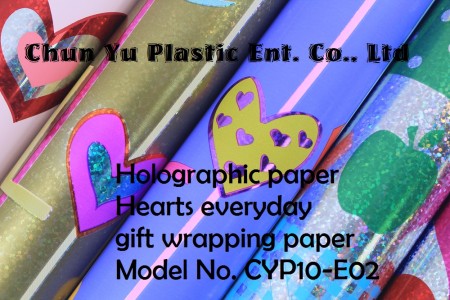 Holographic foil paper with hearts designs printed gift wrapping paper