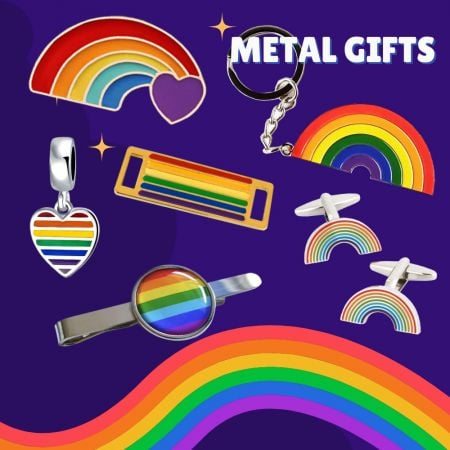 Personalize o logotipo em seus presentes de metal do orgulho gay.