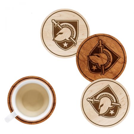 Laser engraving wooden coaster.