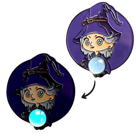 Metal Badges With Luminous Color And Magnifying Glass Ball - Custom glow in the dark pin.