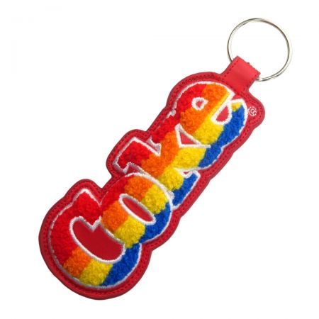Leather Keychain With Chenille Embroidery - Custom leather keychain with coke cola.