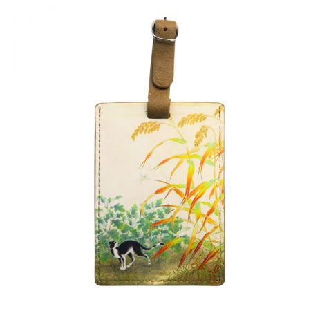 Personalized bag tags with vibrant graphics.