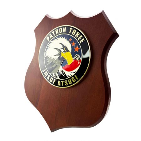 Placa en forma de escudo militar.
