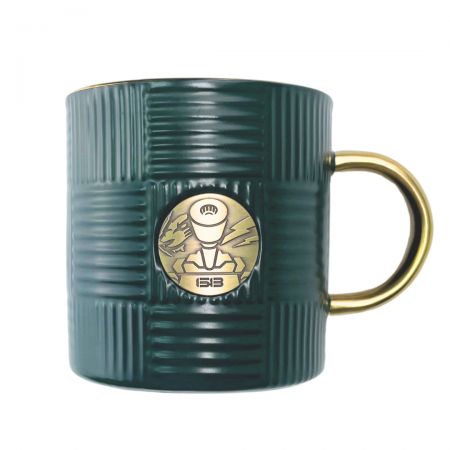Ceramic Cup With Copper Badge - Design a custom ceramic cup with a copper badge for elegance.