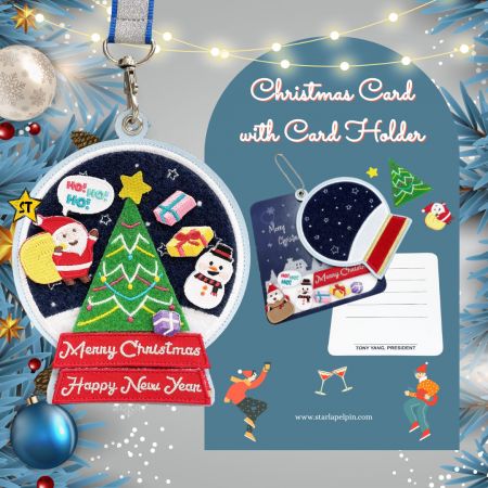 可愛らしい刺繍のクリスマスカードとカードホルダー