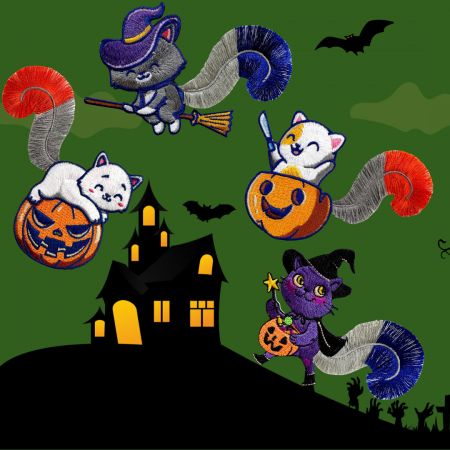 Adorables parches bordados con borlas de gatos de Halloween
