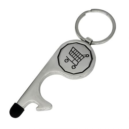 Custom no touch keychain with trolley coin logos can be laser engraved.