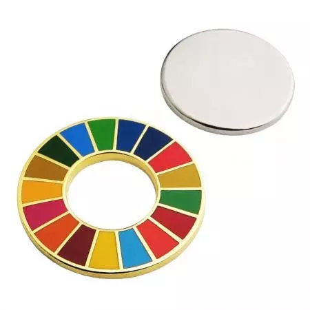 Imitation hard enamel pin with magnet attachment.