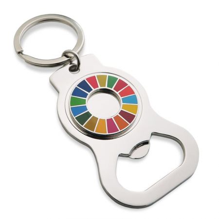Portachiavi apribottiglie con design aperto. - Portachiavi apribottiglie personalizzato con smalto sintetico degli SDGs.