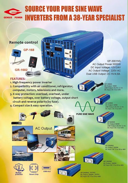 150W-3000W Zuivere sinusgolf vermogensomvormer met afstandsbediening. 2022/0417 Rev.1