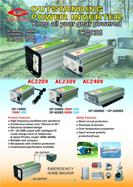 Inverter a onda sinusoidale modificata da 150W a 12000W per backup di alimentazione AC 230V. Caratteristiche design isolato ad alta frequenza e multi-protezione per RV, campeggio e elettrodomestici.