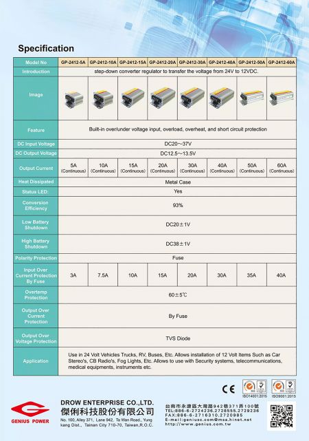 Specificatie van DC naar DC 24V naar 12V Power Converter