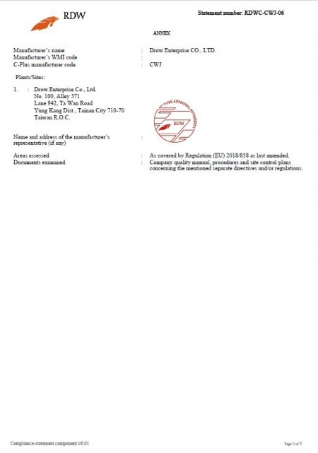 RDW Type Approval Annex showing Drow manufacturer code CWJ and Taiwan factory location compliant with EU Regulation 2018/858