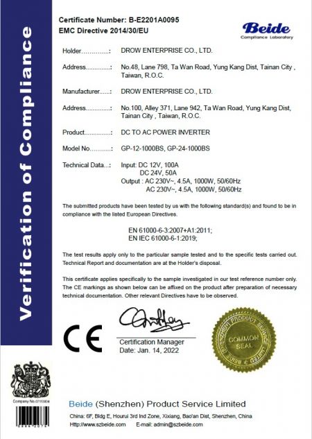 Beide Verification of Compliance for Drow DC to AC Power Inverter models GP-12-1000BS and GP-24-1000BS certified under EMC Directive 2014/30/EU