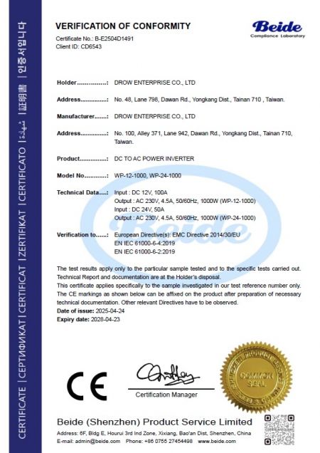 Beide Verification of Conformity for Drow DC to AC Power Inverter models WP-12-1000 and WP-24-1000 certified for EMC Directive 2014/30/EU