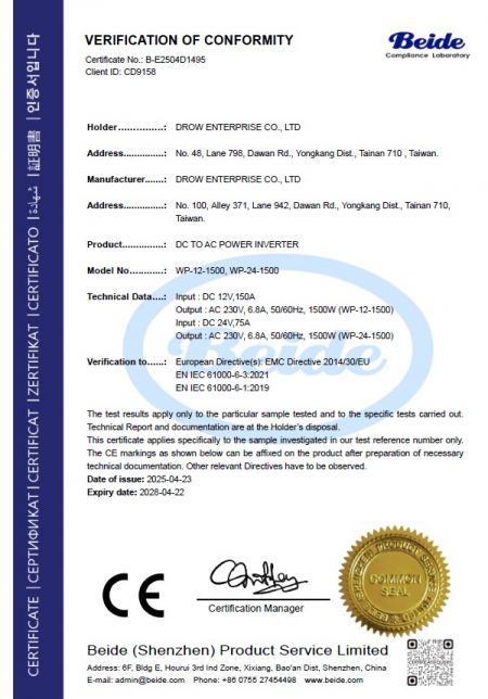 Beide Verification of Conformity for Drow DC to AC Power Inverter models WP-12-1500 and WP-24-1500 compliant with EMC Directive 2014/30/EU EN IEC 61000-6 series
