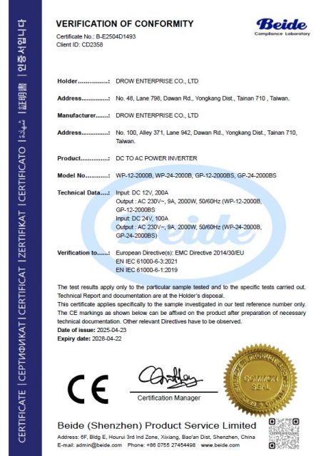 Beide Verification of Conformity for Drow DC to AC Power Inverter models WP-12-2000B and WP-24-2000B compliant with EMC Directive 2014/30/EU