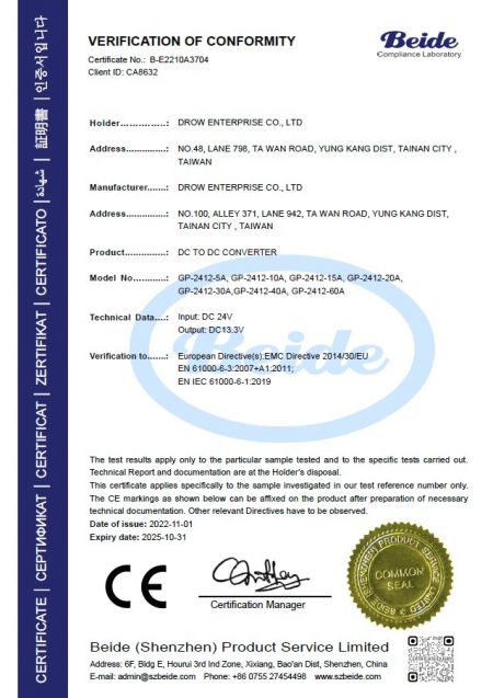 CE Certificate of Conformity for DROW DC to DC Converter models GP-2412-5A to GP-2412-60A issued by Beide Shenzhen Product Service Limited under EMC Directive 2014/30/EU