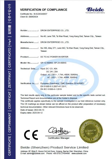 Beide Verification of Compliance for Drow DC to AC Power Inverter models GP-12-400NS and GP-24-400NS certified for EMC Directive 2014/30/EU